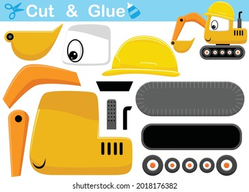 Funny excavator wearing helmet. Education paper game for children. Cutout and gluing. Vector cartoon illustration