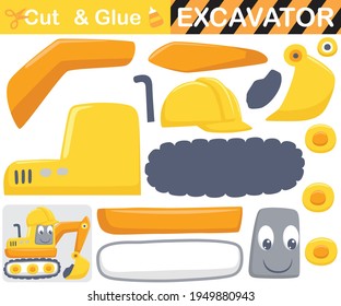 Funny excavator wearing worker helmet. Education paper game for children. Cutout and gluing. Vector cartoon illustration