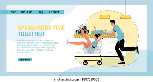 Funny excited man woman lovers shopping together. Boyfriend rolling girlfriend in trolley cart. Shop mall grocery showcase interior. Loving couple spend more time teamwise. Landing page design