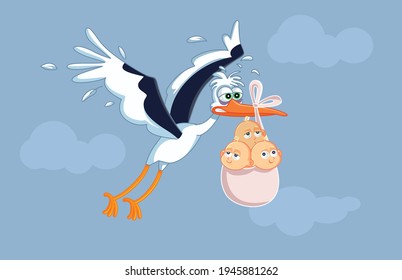 Funny Exhausted Stork Carrying Triplets Vector Cartoon. Baby announcement greeting card design
