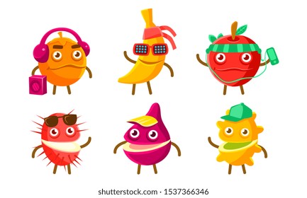 Funny Exotic Fruit Characters Set, Orange, Banana, Apple, Kiwano, Lychee Different Activities Vector Illustration