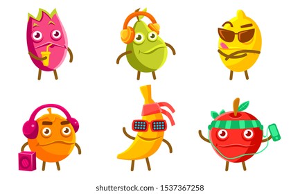 Funny Exotic Fruit Characters Set, Pitahaya, Pear, Lemon, Orange, Banana, Apple Different Activities Vector Illustration