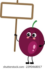 Funny exotic passion fruit mascot holding a blank signboard

