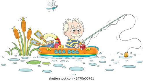 Divertido pescador anciano experimentado sentado en un bote inflable con una caña de pescar y atrapar peces en cañas de un Pequeño lago en un día de verano, ilustración de dibujos animados de Vector sobre un fondo blanco