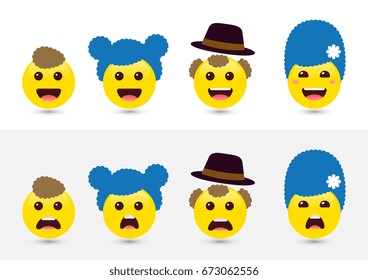 Funny expressing social media smileys. Joyful and sad icons of friends with hair. Vector illustration of family of smiley emoticons on light background. Set of volume yellow woman, man, kids emoji