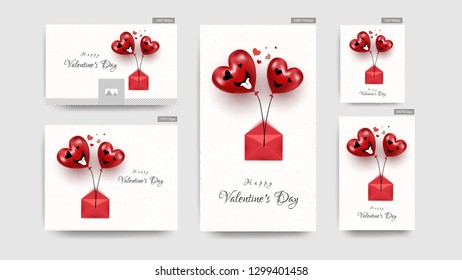 Funny expression heart shape balloons with envelope for Valentine's day header or banner set.