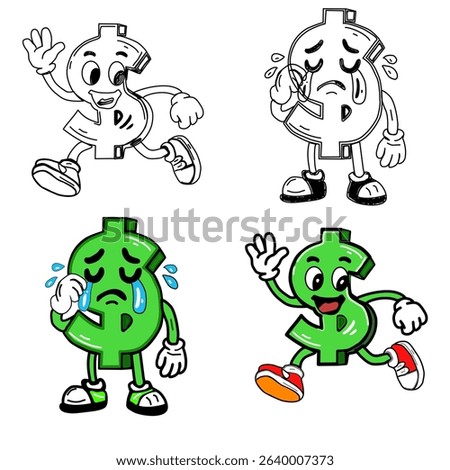 Funny and expressive dollar character icon set in cartoon style. Great for finance, business, savings, investment, and marketing content. Fully editable vector illustration.