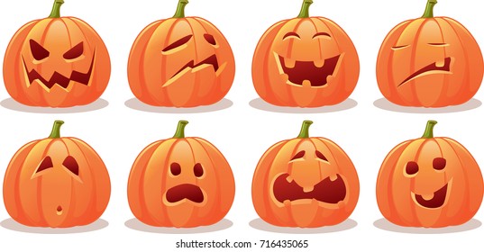 Funny Expressive Halloween Pumpkin Vector Set - Illustration of a Jack o-Lantern decoration for holidays 
