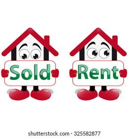 funny and expressive house with sold and rent posters