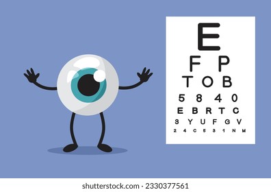 
Graciosa mascota ocular en consulta médica e ilustración vectorial. Leer letras de carácter alegre en examen oftalmológico
