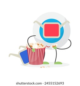 Funny eyeball character with 3D glasses and popcorn in box watching movie in theater vector illustration