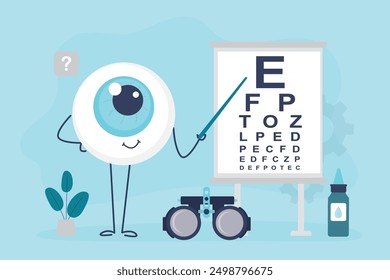 Funny eyeball mascot checks vision by snellen chart. Exam at ophthalmologist. Instruments for eye examination. Ophthalmology, eyesight check, healthcare. Funny motivation banner. vector illustration