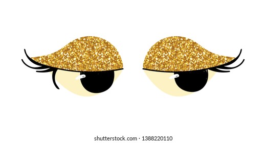 Funny eyes with gold glitter makeup. Kids fashion print. Vector hand drawn illustration.