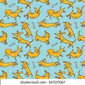 Funny fabric design. Seamless pattern with dogs. Cartoon vector background with dachshunds.