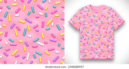 Funny fabric textile design for t-shirt with seamless pattern of pink donut glaze with many decorative colorful sprinkles. Front t-shirt mockup template design for sweet shop. Vector Illustration