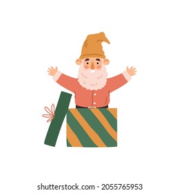 Funny fabulous scandinavian gnome jumping out of gift box, flat vector illustration isolated on white background. Fantasy gnome or a dwarf for cards and prints.