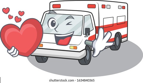 Funny Face ambulance cartoon character holding a heart