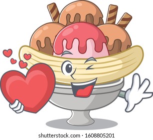 Funny Face banana split cartoon character holding a heart