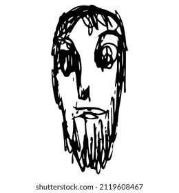 Funny face of a bearded man. Hand drawn linear doodle rough sketch. Black silhouette on white background.