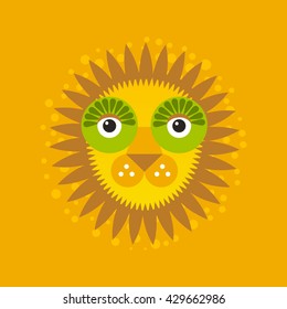 funny face big cat, lion with mane on Orange background. Vector