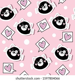 Funny face of a black cat and pink hearts for Valentine's day seamless pattern on a pink background
