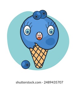 Funny face blueberry ice cream cone character with doodle eyes. Perfect print for tee, sticker, poster. Hand drawn vector illustration for decor and design.