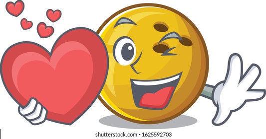Funny Face bowling ball cartoon character holding a heart