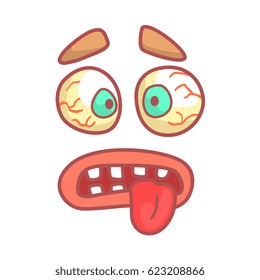 Funny face with bulging eyes and sticking out tongue. Colorful cartoon illustration