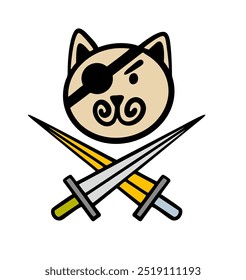 Rosto engraçado de um gato com um tapa-olho preto e espadas cruzadas. Ilustração vetorial do emblema de um pirata, um ladrão de mar. Animal formidável, um predador selvagem isolado sobre fundo branco.