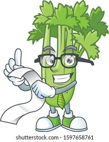 Funny face celery plant cartoon with menu ready to serve