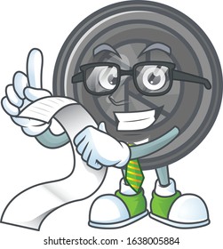 A funny face character of camera lens holding a menu