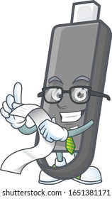 A funny face character of flashdisk holding a menu