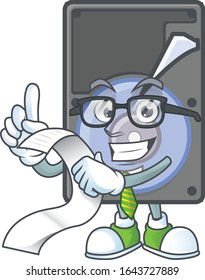 A funny face character of hard disk holding a menu