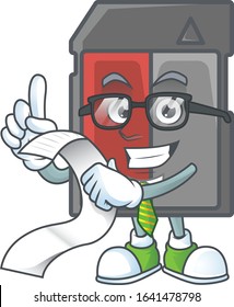 A funny face character of memory card holding a menu