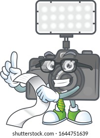 A funny face character of photo camera with lighting holding a menu