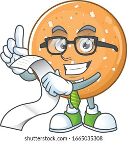A funny face character of sugar cookies holding a menu