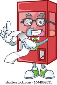 A funny face character of toy claw machine holding a menu