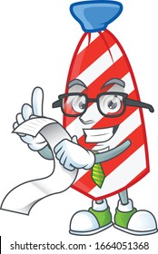 A funny face character of USA stripes tie holding a menu