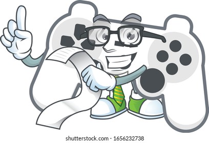 A funny face character of white joystick holding a menu