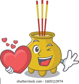 Funny Face chinese incense cartoon character holding a heart