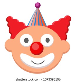 Funny face clown with curly red hair, red nose and blue cone hat