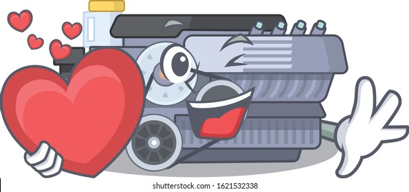 Funny Face combustion engine cartoon character holding a heart