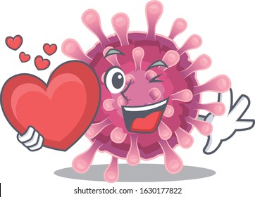 Funny Face corona virus cartoon character holding a heart