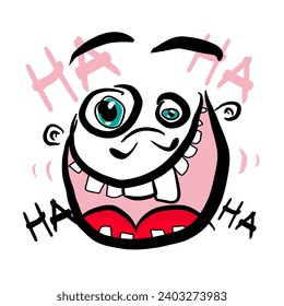 Funny face with crazy smile and ha ha text, comedy symbol, vector