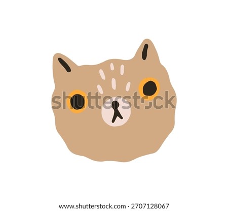 Funny face of cute cat with surprised emotions. Avatar of amazed kitty. Astonished muzzle of comic kitten. Silly expression of wondering pet. Flat hand drawn isolated vector illustration on white