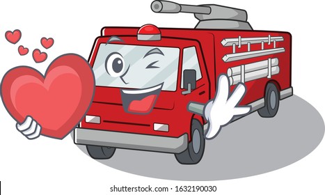 Funny Face fire truck cartoon character holding a heart