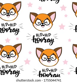 Funny face of foxe in kawaii style and inscription hip hip horey on a white background seamless pattern