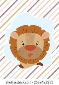 Funny face of furry lion cub on striped background. Flat style vector illustration for birthday invitation, cards and stickers.