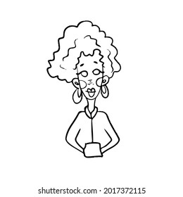 Funny face of a girl with a short hairstyle and earrings.Vector children's illustration on a white isolated background, contour coloring.