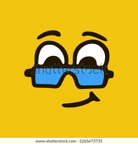 Funny face with glasses. Cartoon face expressions. Doodle characters mouth and eyes illustration.
